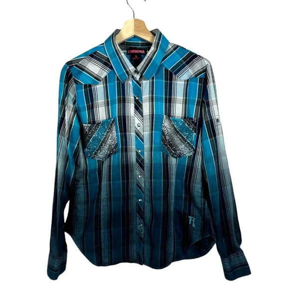 Rock & Roll Cowgirl Women's Size L Button Down Blue Black Pearl Snaps Western - Picture 3 of 13